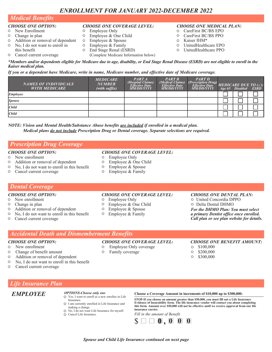 Contractual / Variable Hour Employees Health Benefits Enrollment and Change Form - Maryland, Page 3