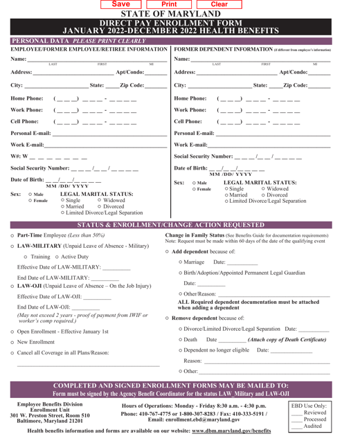 Direct Pay Enrollment Form - Health Benefits - Maryland, 2022
