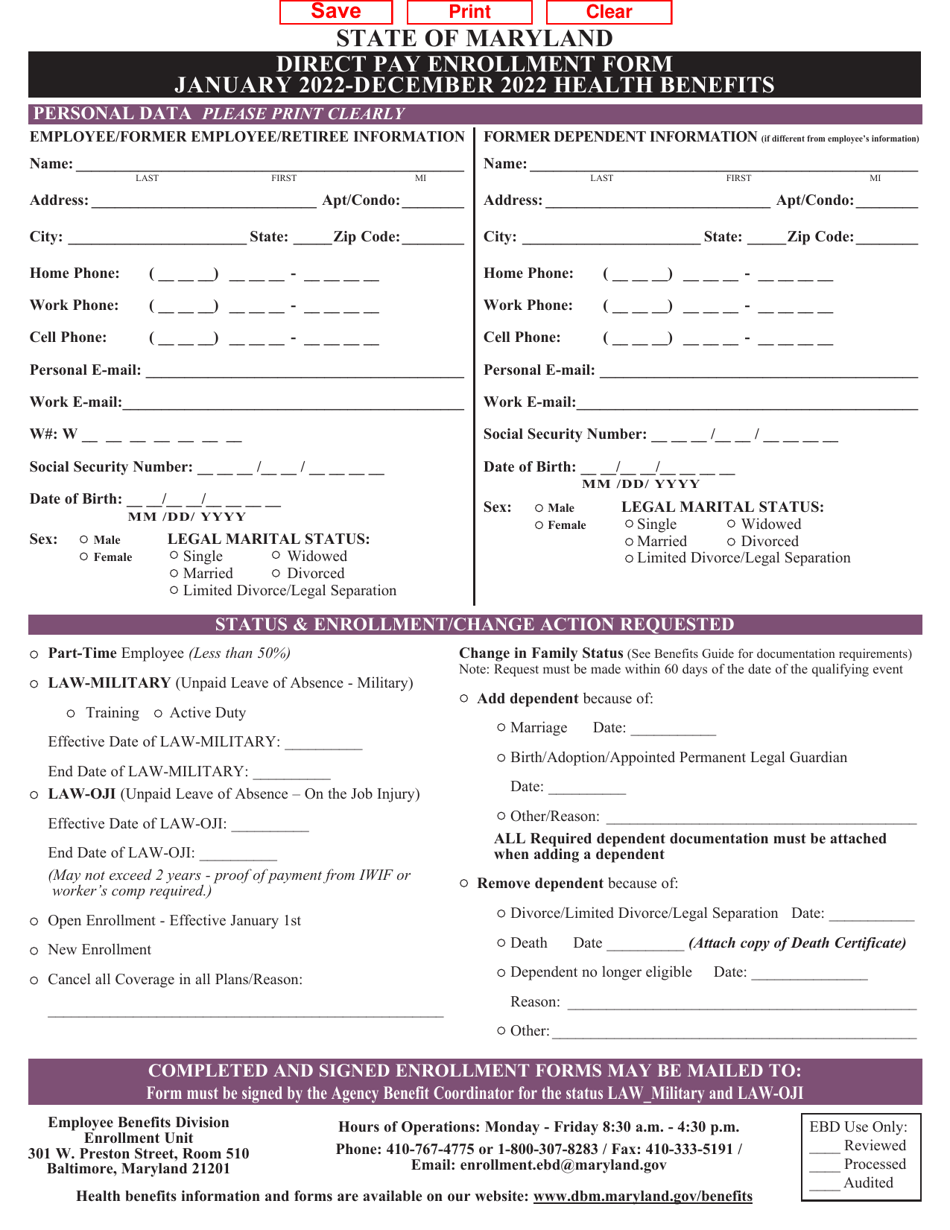 2022 Maryland Direct Pay Enrollment Form - Health Benefits - Fill Out ...