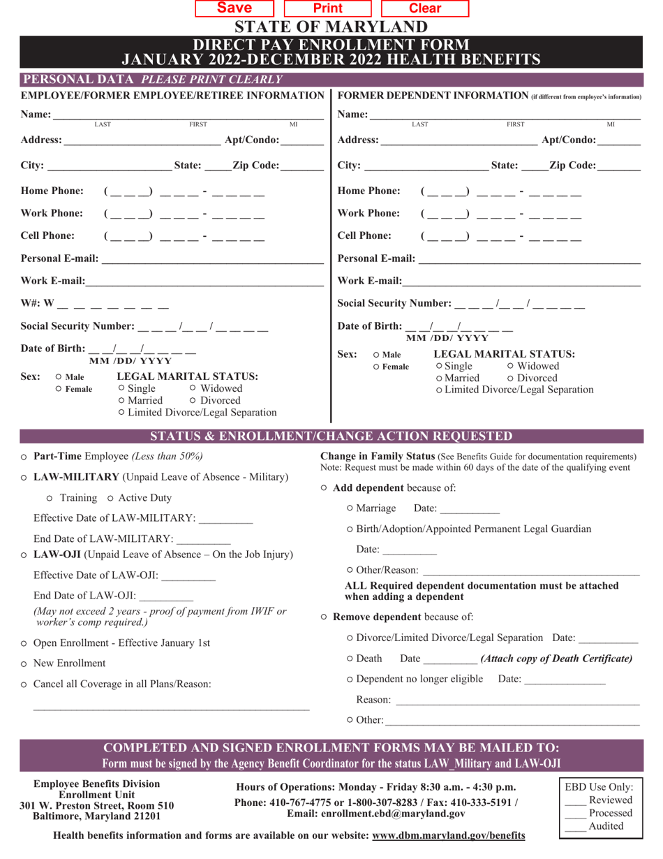 Direct Pay Enrollment Form - Health Benefits - Maryland, Page 1