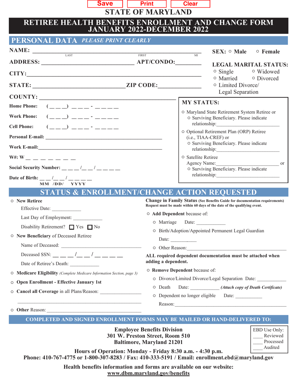 Retiree Health Benefits Enrollment and Change Form - Maryland, Page 1