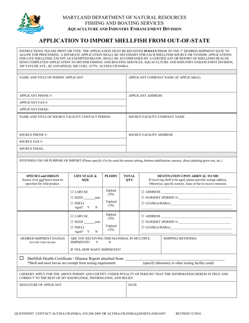 Application to Import Shellfish From out-Of-State - Maryland Download Pdf