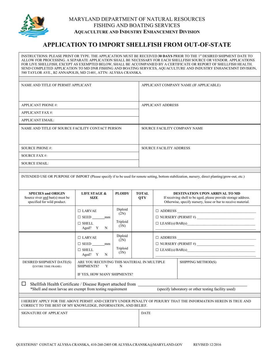 Application to Import Shellfish From out-Of-State - Maryland, Page 1