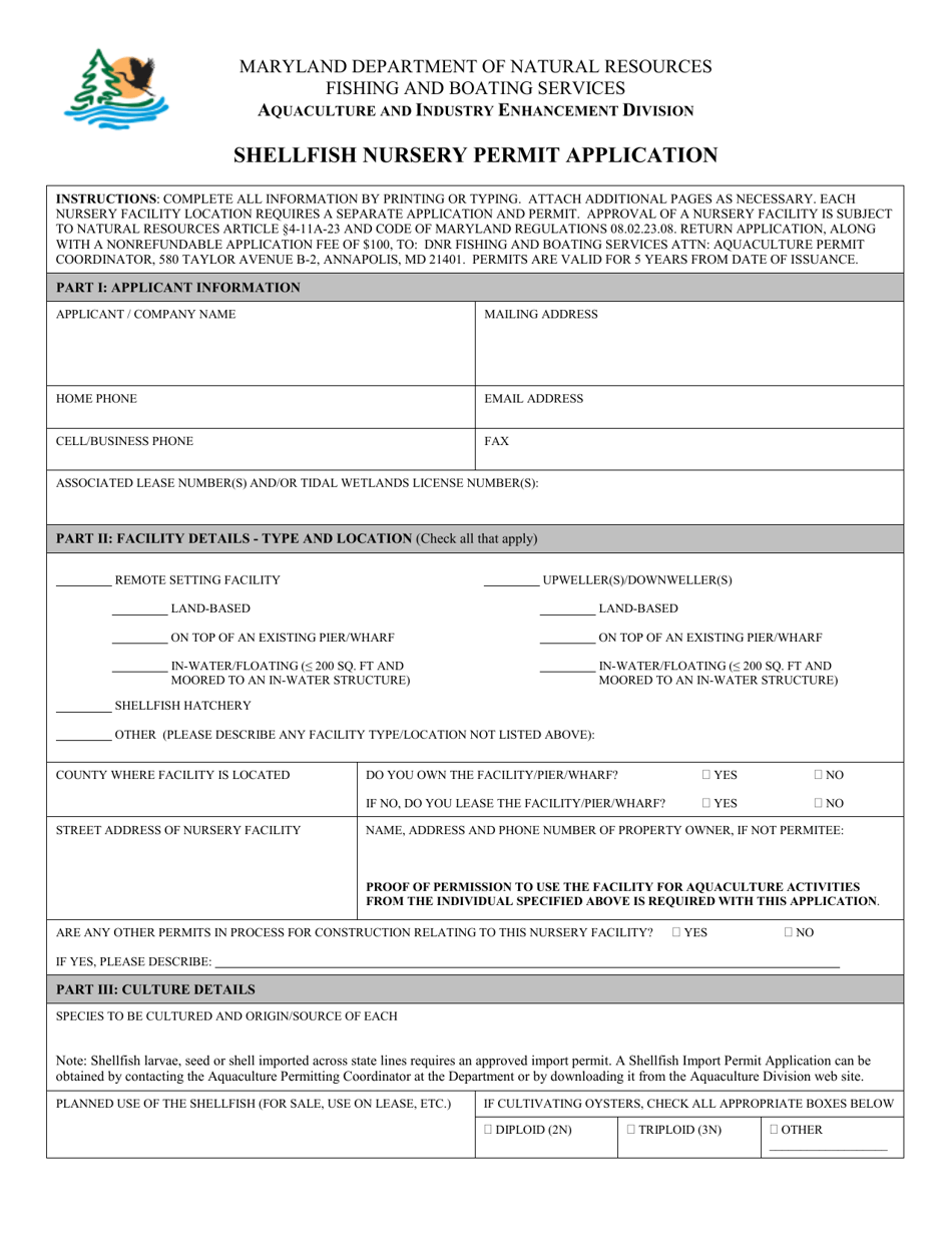 Shellfish Nursery Permit Application - Maryland, Page 1