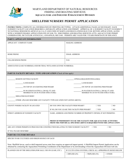 Shellfish Nursery Permit Application - Maryland