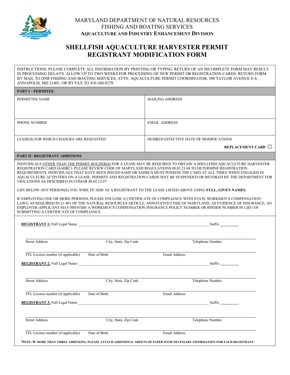 Shellfish Aquaculture Harvester Permit Registrant Modification Form - Maryland, Page 1