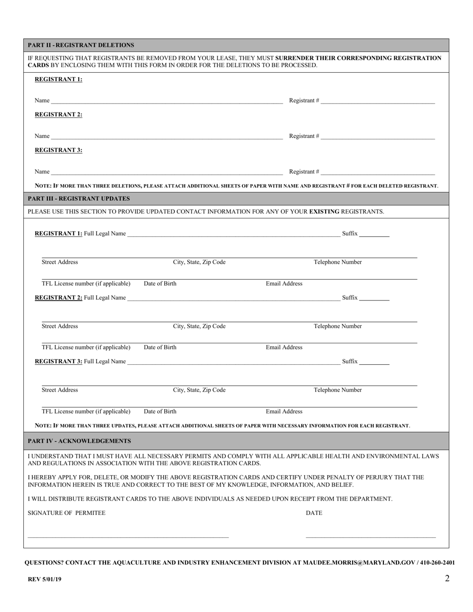 Shellfish Aquaculture Harvester Permit Registrant Modification Form - Maryland, Page 2