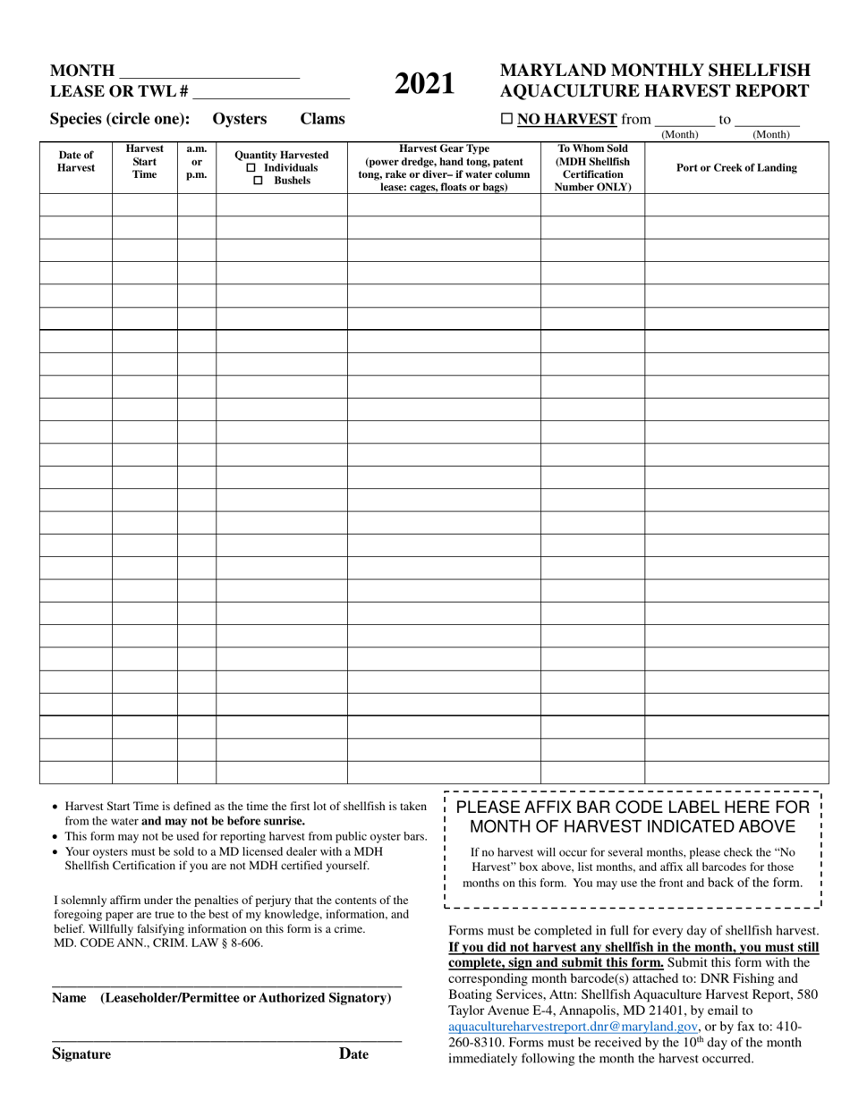 Maryland Monthly Shellfish Aquaculture Harvest Report - Maryland, Page 1