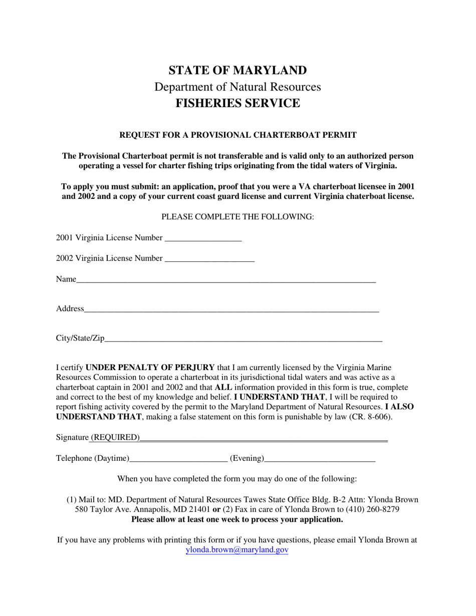 Maryland Request for a Provisional Charterboat Permit Fill Out, Sign