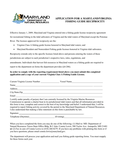 Application for a Maryland / Virginia Fishing Guide Reciprocity - Maryland Download Pdf