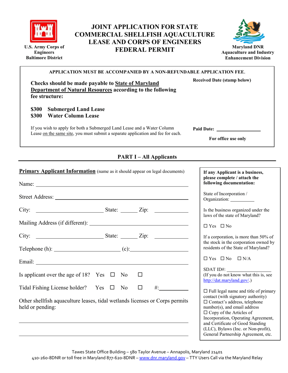 Joint Application for State Commercial Shellfish Aquaculture Lease and Corps of Engineers Federal Permit - Maryland, Page 1