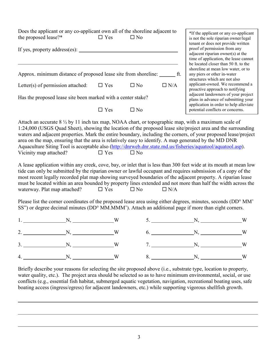 Joint Application for State Commercial Shellfish Aquaculture Lease and Corps of Engineers Federal Permit - Maryland, Page 3