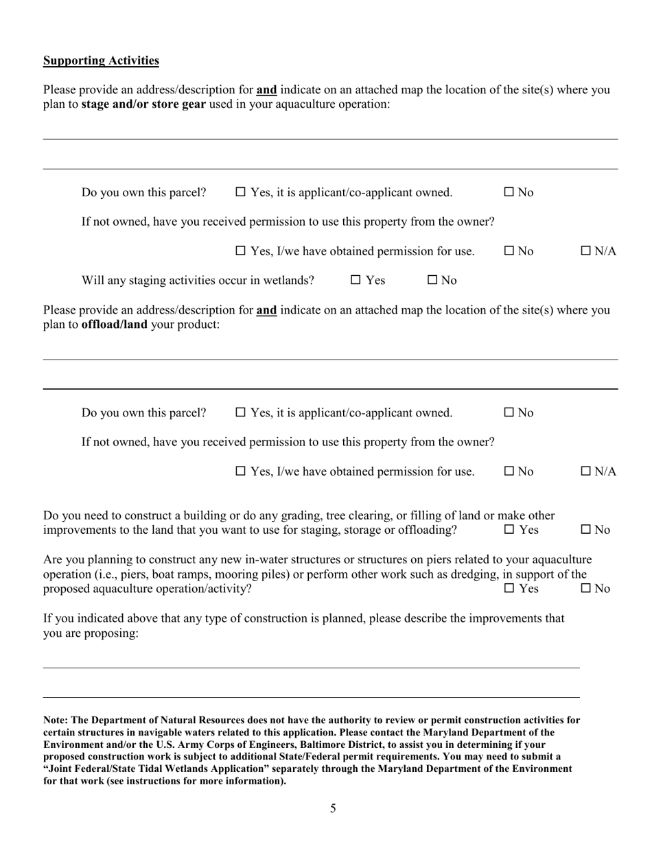 Joint Application for State Commercial Shellfish Aquaculture Lease and Corps of Engineers Federal Permit - Maryland, Page 5