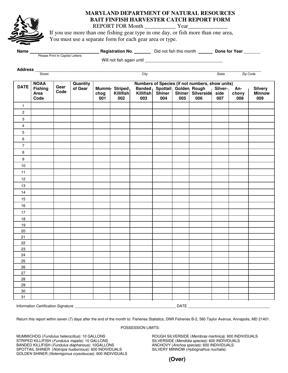 Bait Finfish Harvester Catch Report Form - Maryland, Page 1