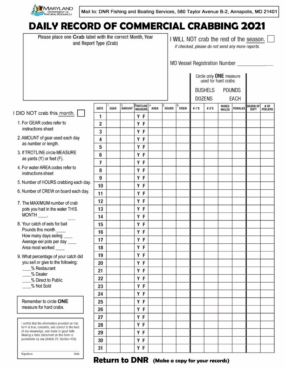 Daily Record of Commercial Crabbing - Maryland, Page 1