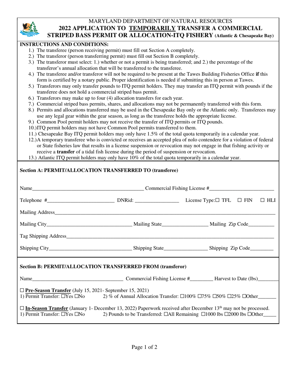 Application to Temporarily Transfer a Commercial Striped Bass Permit or Allocation-Itq Fishery (Atlantic  Chesapeake Bay) - Maryland, Page 1