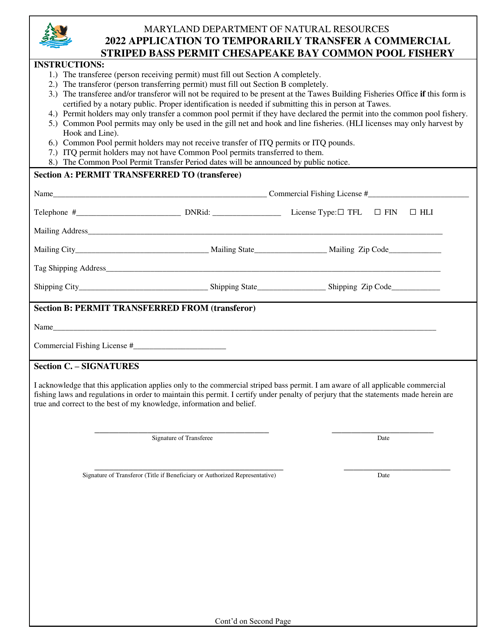 Application to Temporarily Transfer a Commercial Striped Bass Permit Chesapeake Bay Common Pool Fishery - Maryland Download Pdf