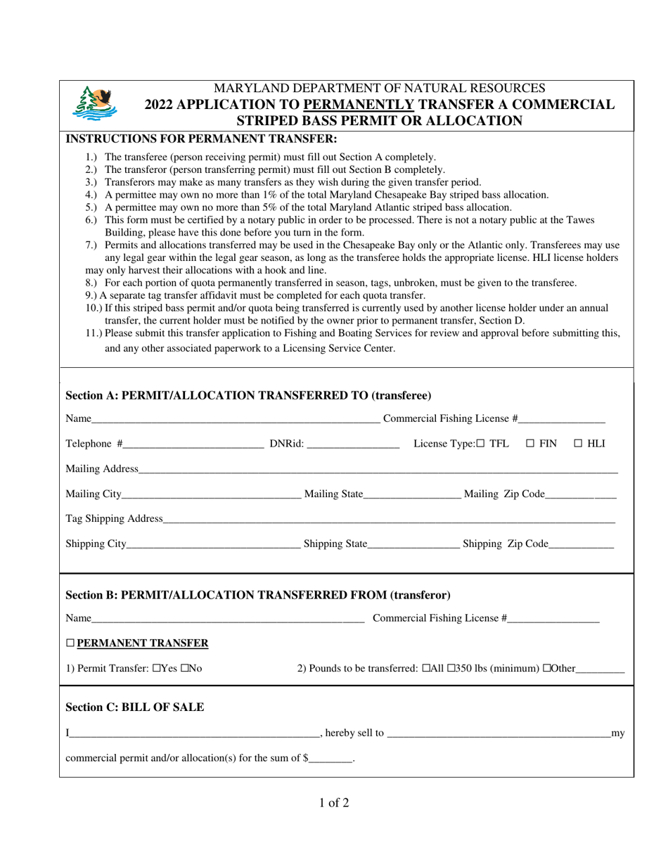 Application to Permanently Transfer a Commercial Striped Bass Permit or Allocation - Maryland, Page 1