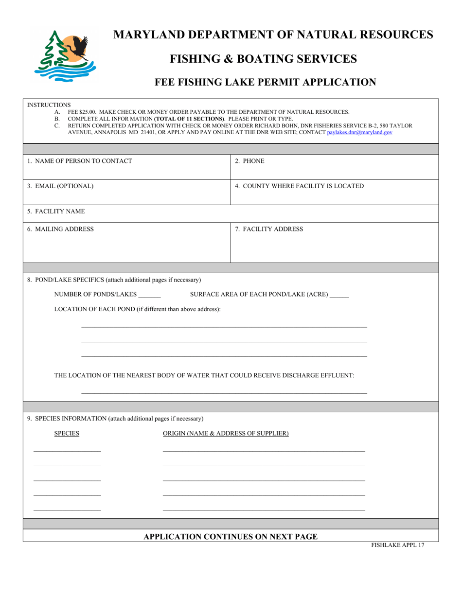 Fee Fishing Lake Permit Application - Maryland, Page 1