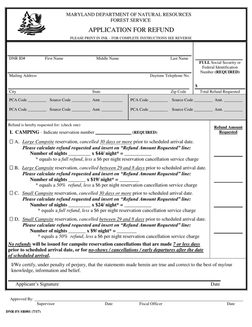 Form DNR-FS SR001 Application for Refund - Maryland