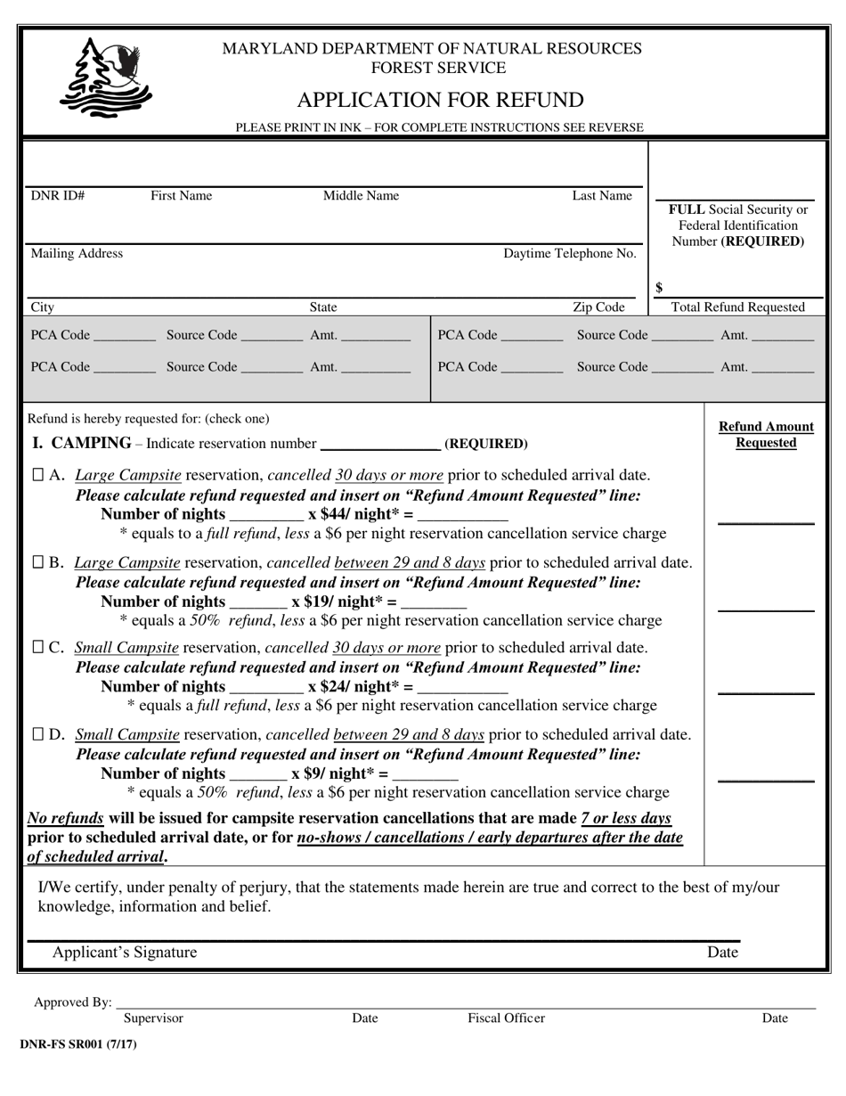 Form DNR-FS SR001 Application for Refund - Maryland, Page 1