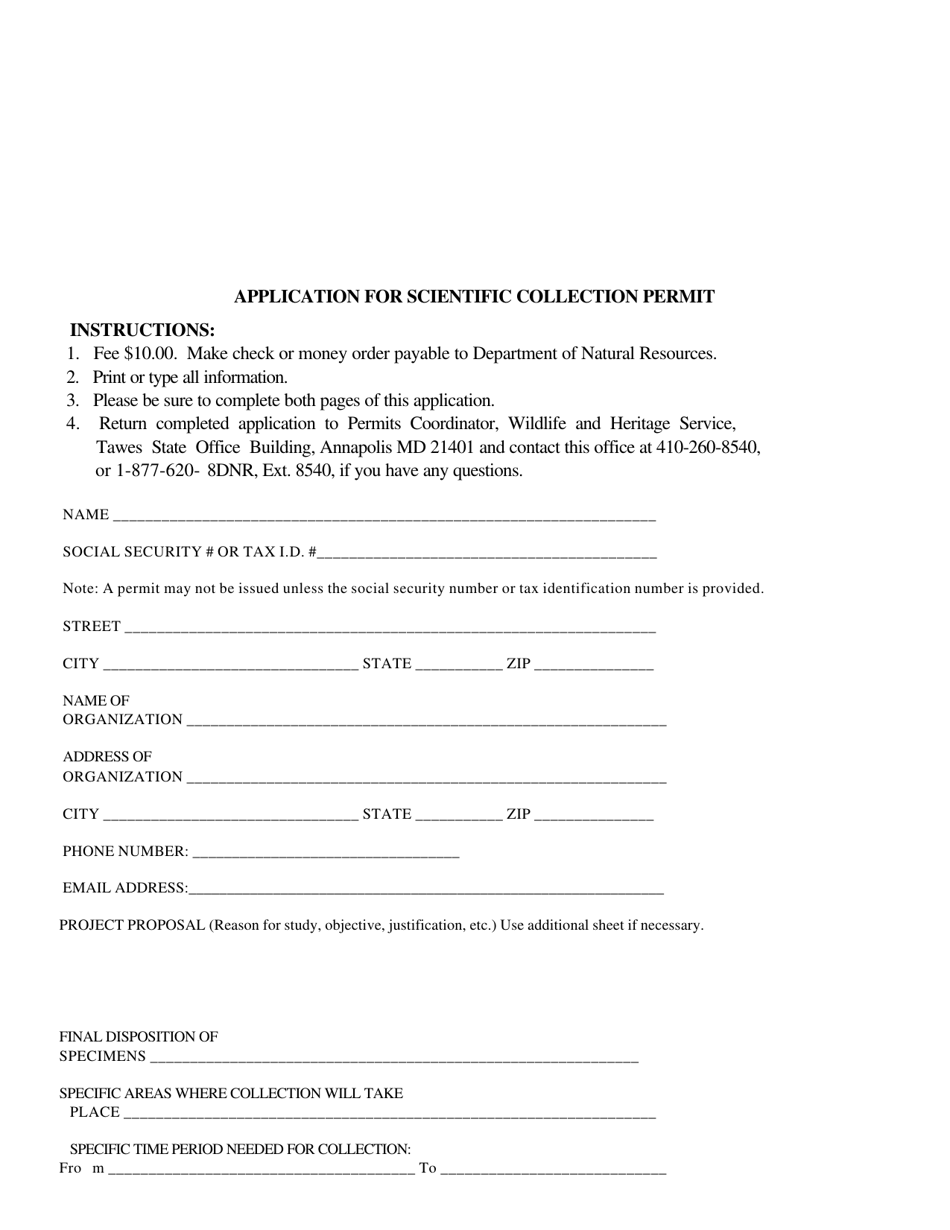 Form DNR / FPWS-62 INT Application for Scientific Collection Permit - Maryland, Page 1