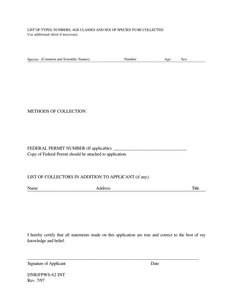 Form DNR / FPWS-62 INT Application for Scientific Collection Permit - Maryland, Page 2