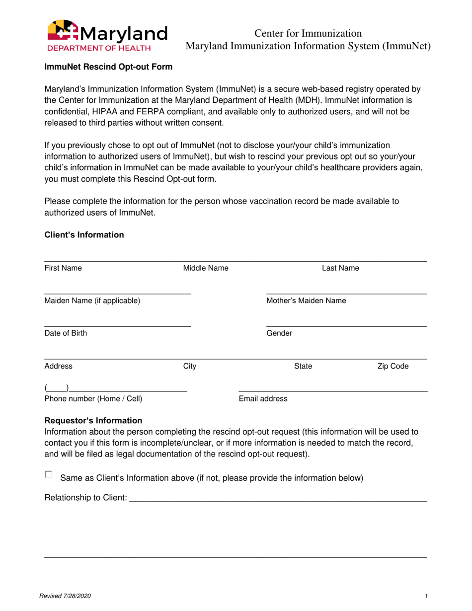 Immunet Rescind Opt-Out Form - Maryland, Page 1