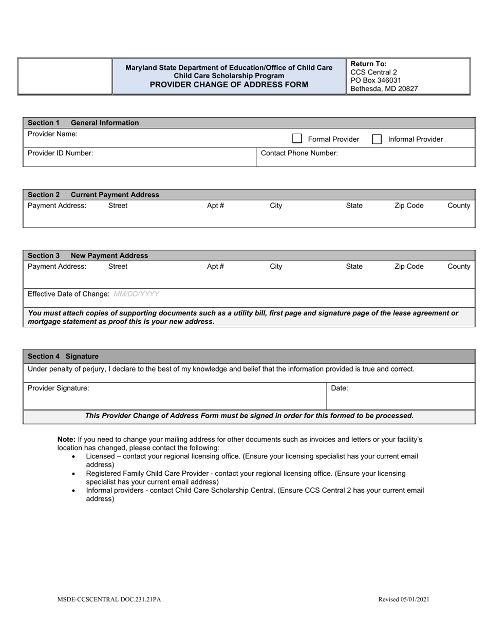 Form DOC.231.21PA Provider Change of Address Form - Maryland, Page 1