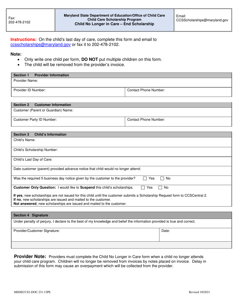 Form DOC.231.15PE Child No Longer in Care - End Scholarship - Maryland, Page 1