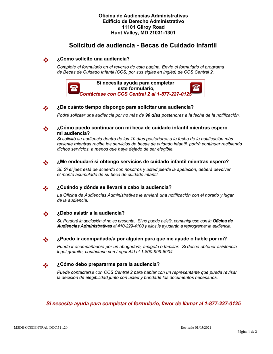 Formulario DOC.511.20 Solicitud De Audiencia - Becas De Cuidado Infantil - Maryland (Spanish), Page 1