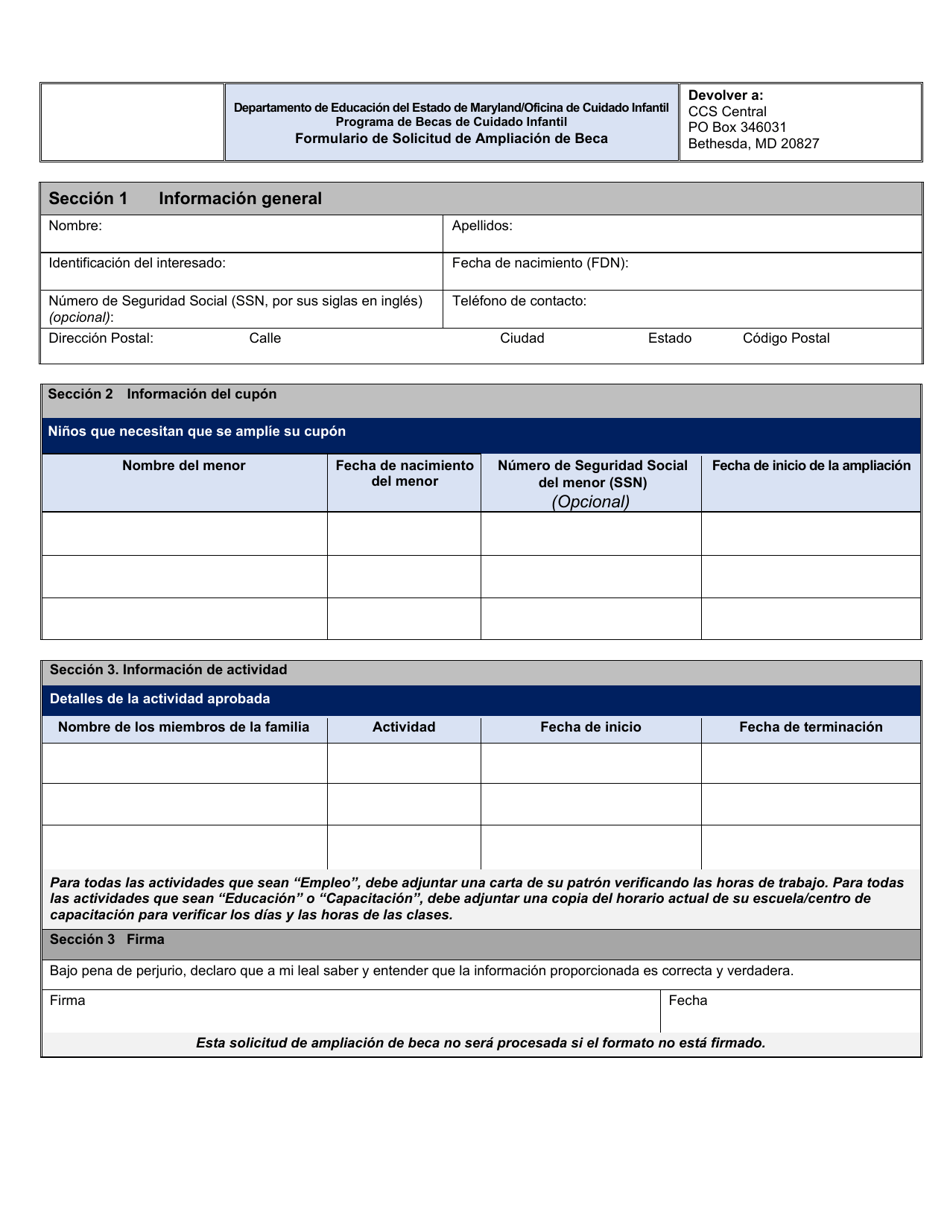 Formulario De Solicitud De Ampliacion De Beca - Programa De Becas De Cuidado Infanti - Maryland (Spanish), Page 1