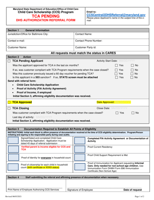 Tca Pending DHS Authorization Referral Form - Maryland Download Pdf