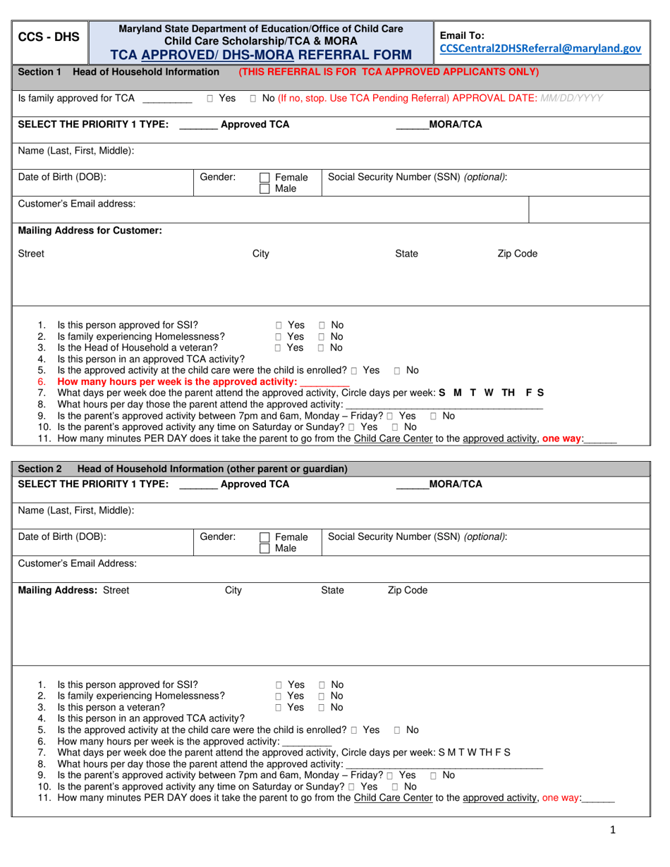 Tca Approved / DHS-Mora Referral Form - Maryland, Page 1