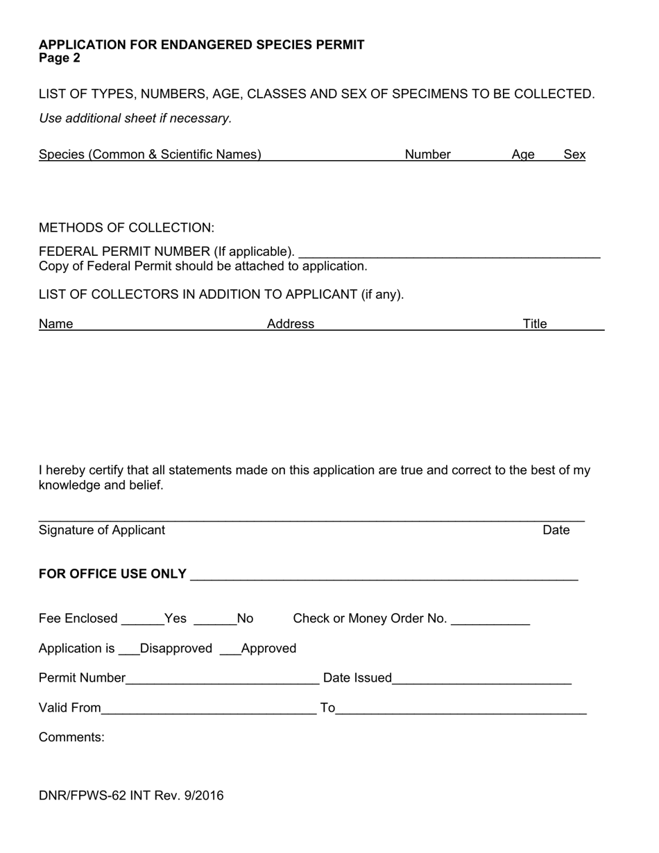 Form DNR / FPWS-62 INT Application for Endangered Species Permit - Maryland, Page 2