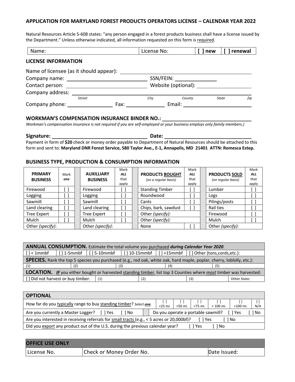 Application for Maryland Forest Products Operators License - Maryland, Page 1