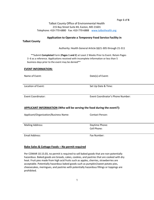 Application to Operate a Temporary Food Service Facility - Talbot County, Maryland Download Pdf