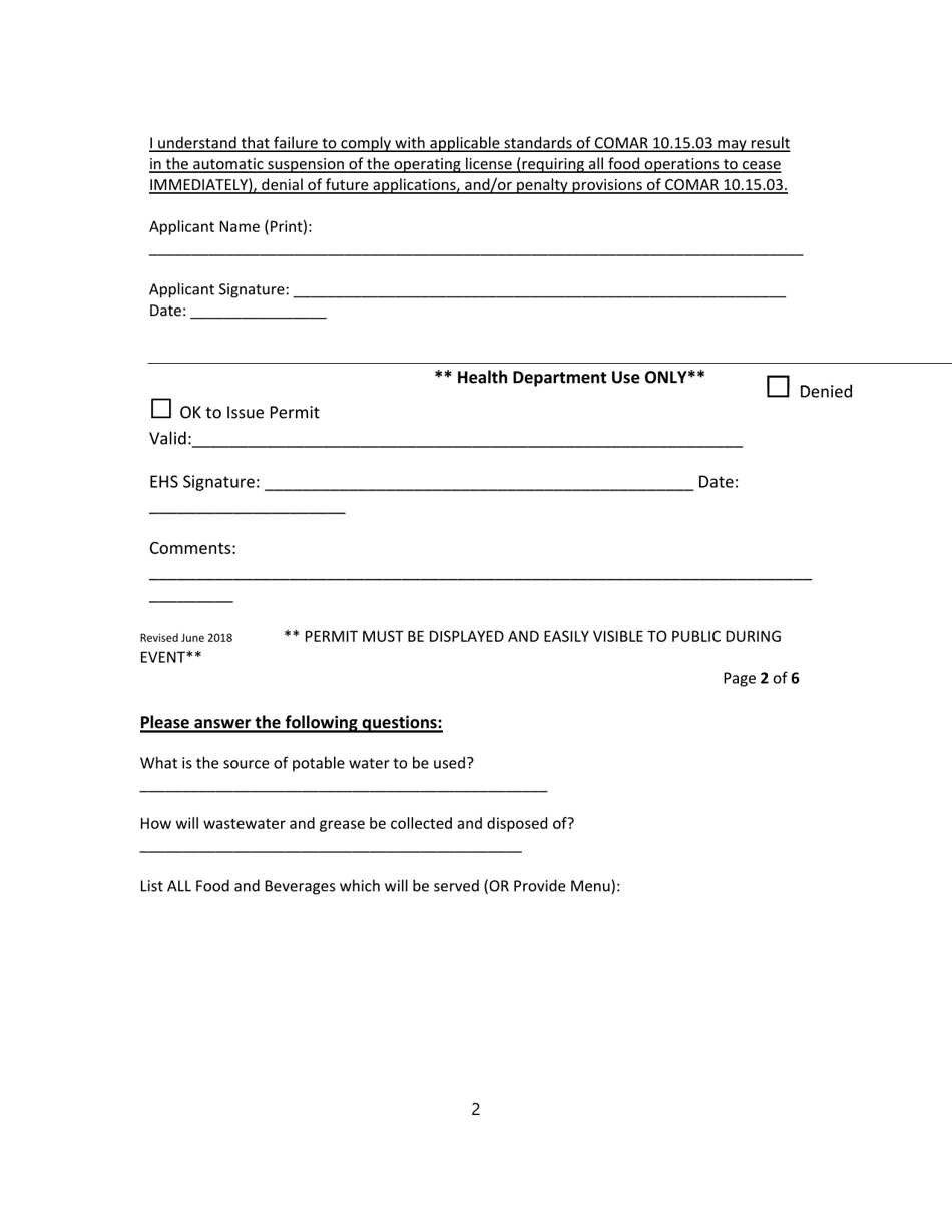 Application to Operate a Temporary Food Service Facility - Talbot County, Maryland, Page 2