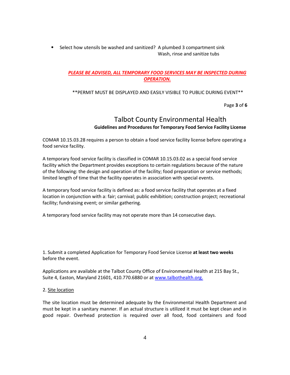 Application to Operate a Temporary Food Service Facility - Talbot County, Maryland, Page 4