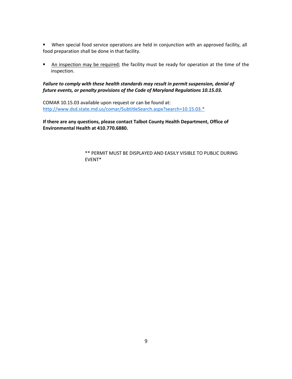 Application to Operate a Temporary Food Service Facility - Talbot County, Maryland, Page 9