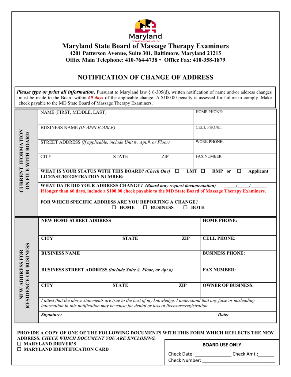 Notification of Change of Address - Maryland State Board of Massage Therapy Examiners - Maryland, Page 1