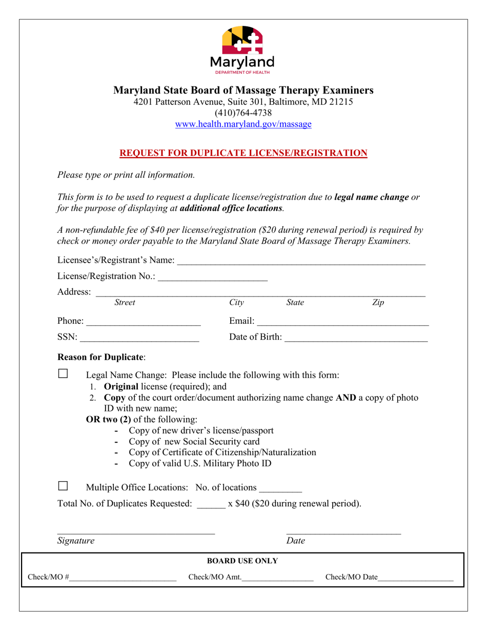 Maryland Request For Duplicate License Registration Maryland State   Request For Duplicate License Registration Maryland State Board Of Massage Therapy Examiners Maryland Print Big 