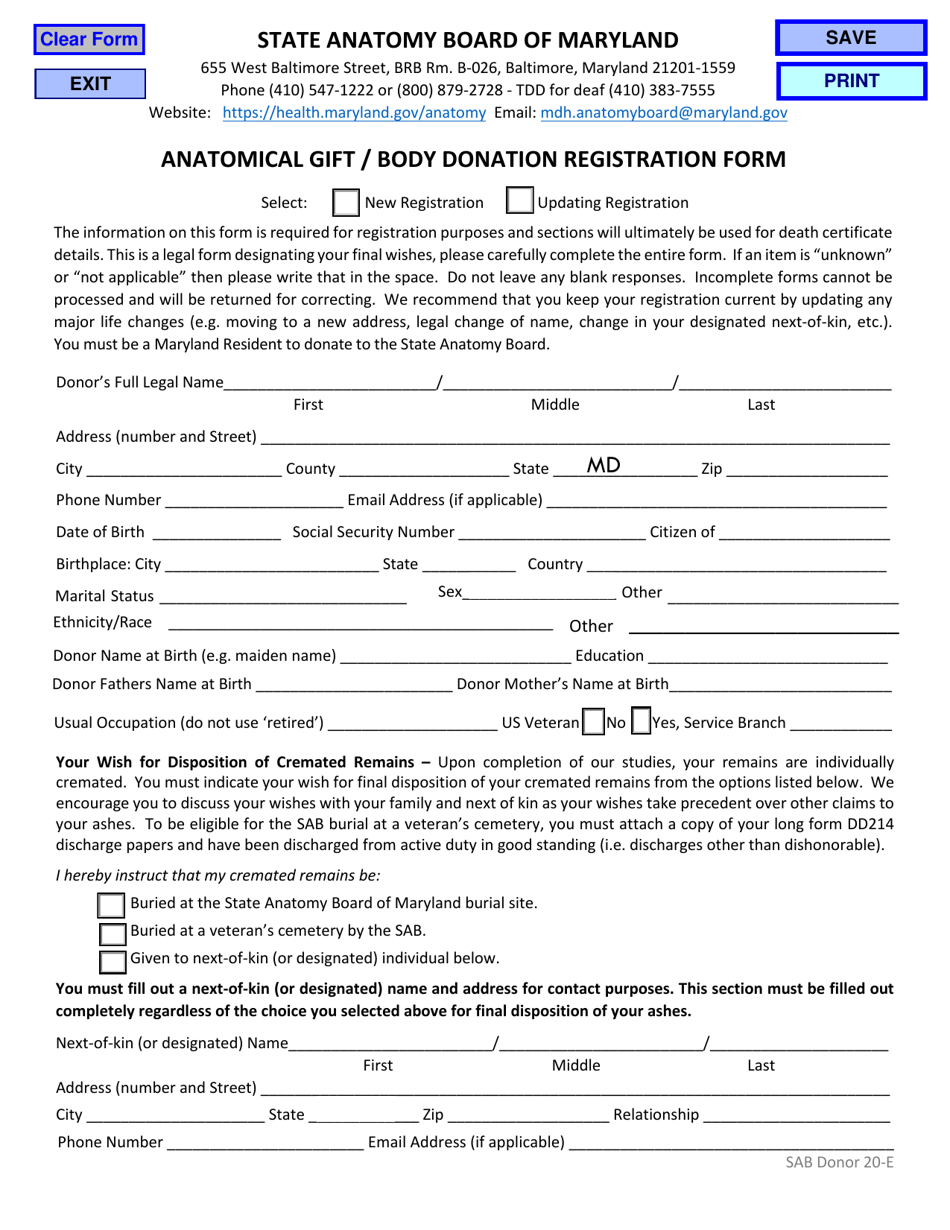 Form SAB20-E Anatomical Gift / Body Donation Registration Form - Maryland, Page 5