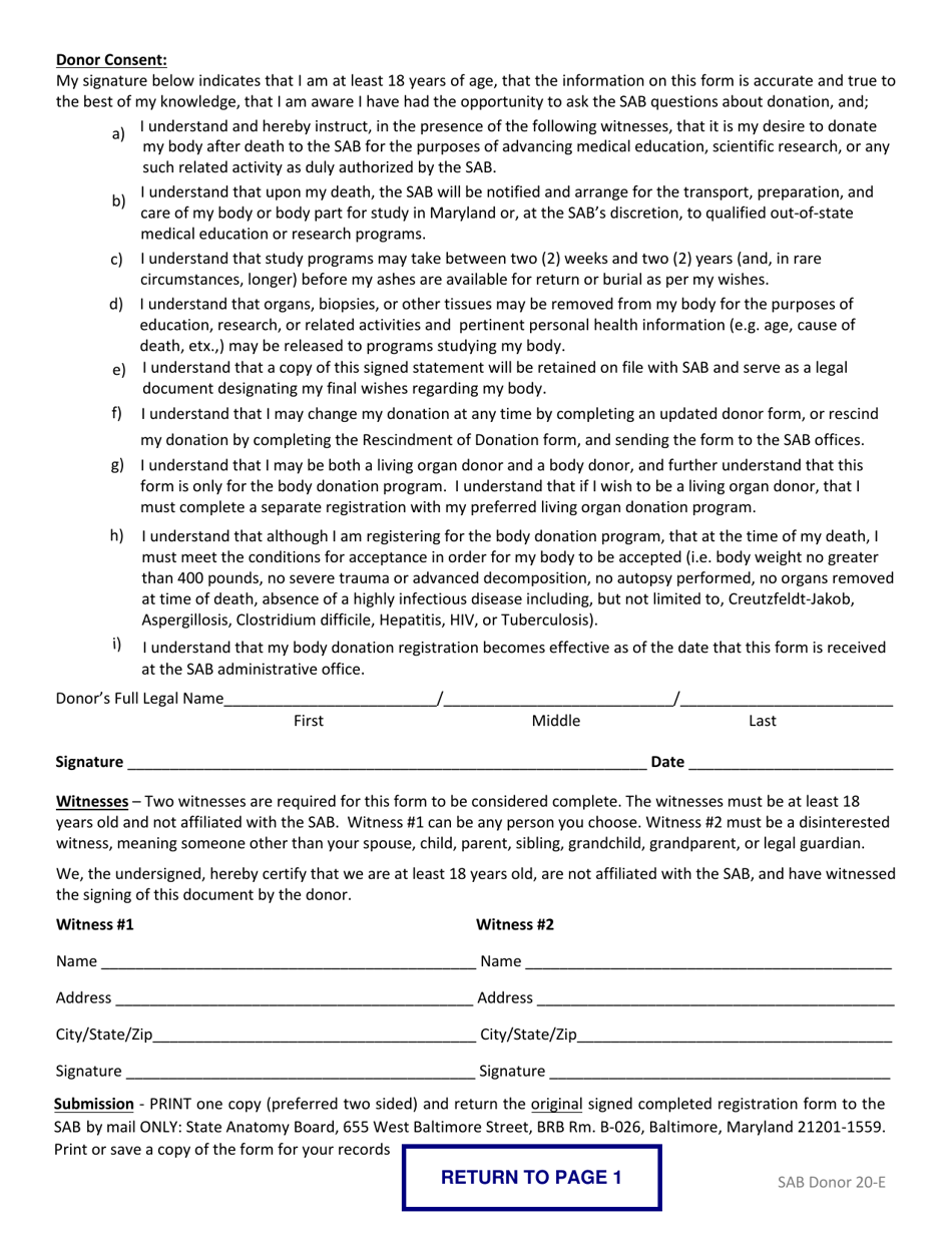 Form SAB20-E Anatomical Gift / Body Donation Registration Form - Maryland, Page 6