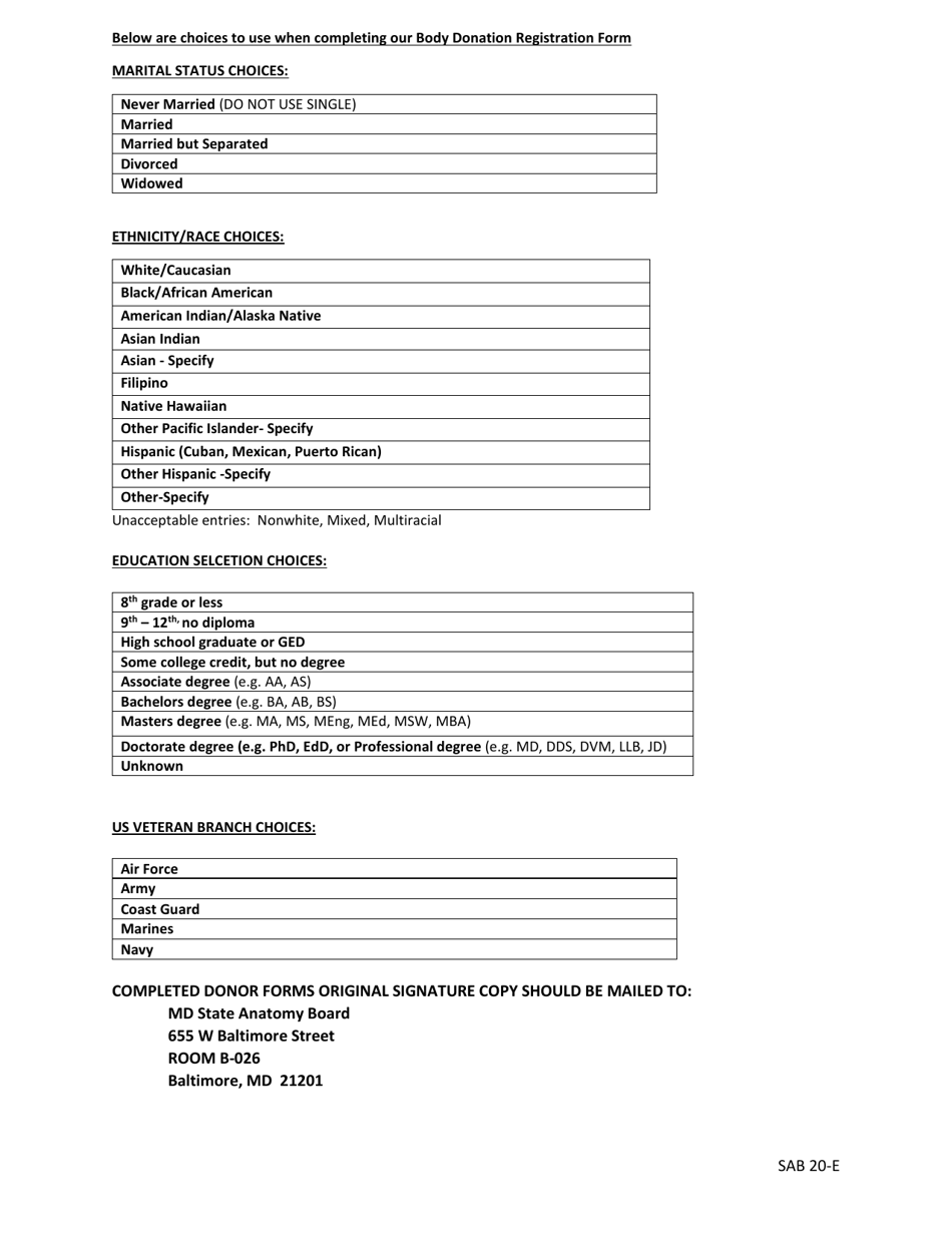 Form SAB20-E Anatomical Gift / Body Donation Registration Form - Maryland, Page 7