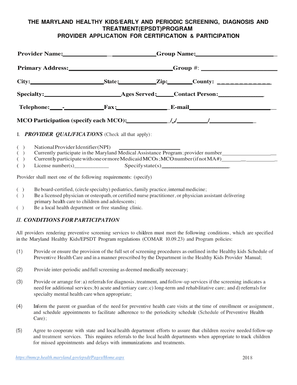 Provider Application for Certification  Participation - Healthy Kids / Early and Periodic Screening, Diagnosis and Treatment (Epsdt) Program - Maryland, Page 1