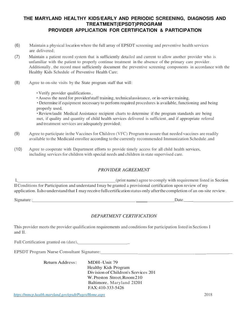 Provider Application for Certification  Participation - Healthy Kids / Early and Periodic Screening, Diagnosis and Treatment (Epsdt) Program - Maryland, Page 2