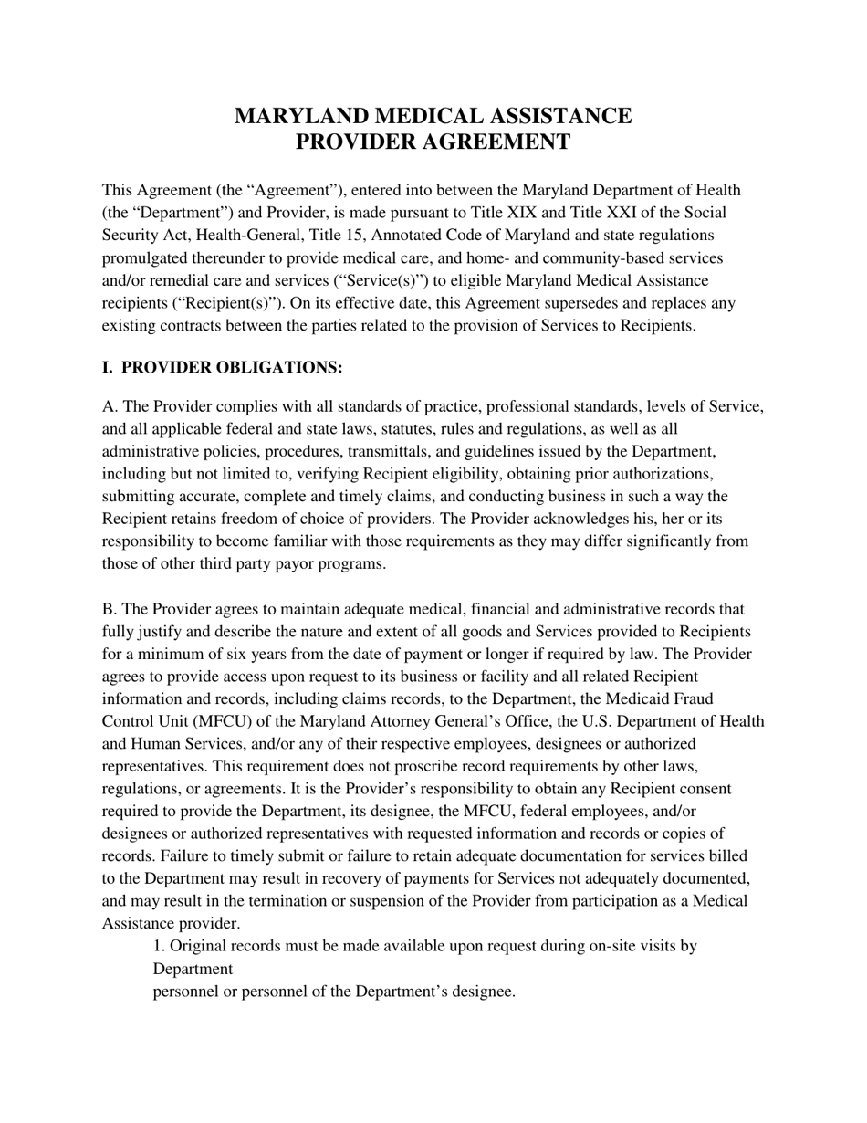 Maryland Medical Assistance Provider Agreement - Maryland, Page 1