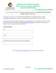 Document preview: Addendum Cover Page for Maryland Medical Assistance Program Application - Facility/Organization - Pt T1 Ambulance Company - Maryland