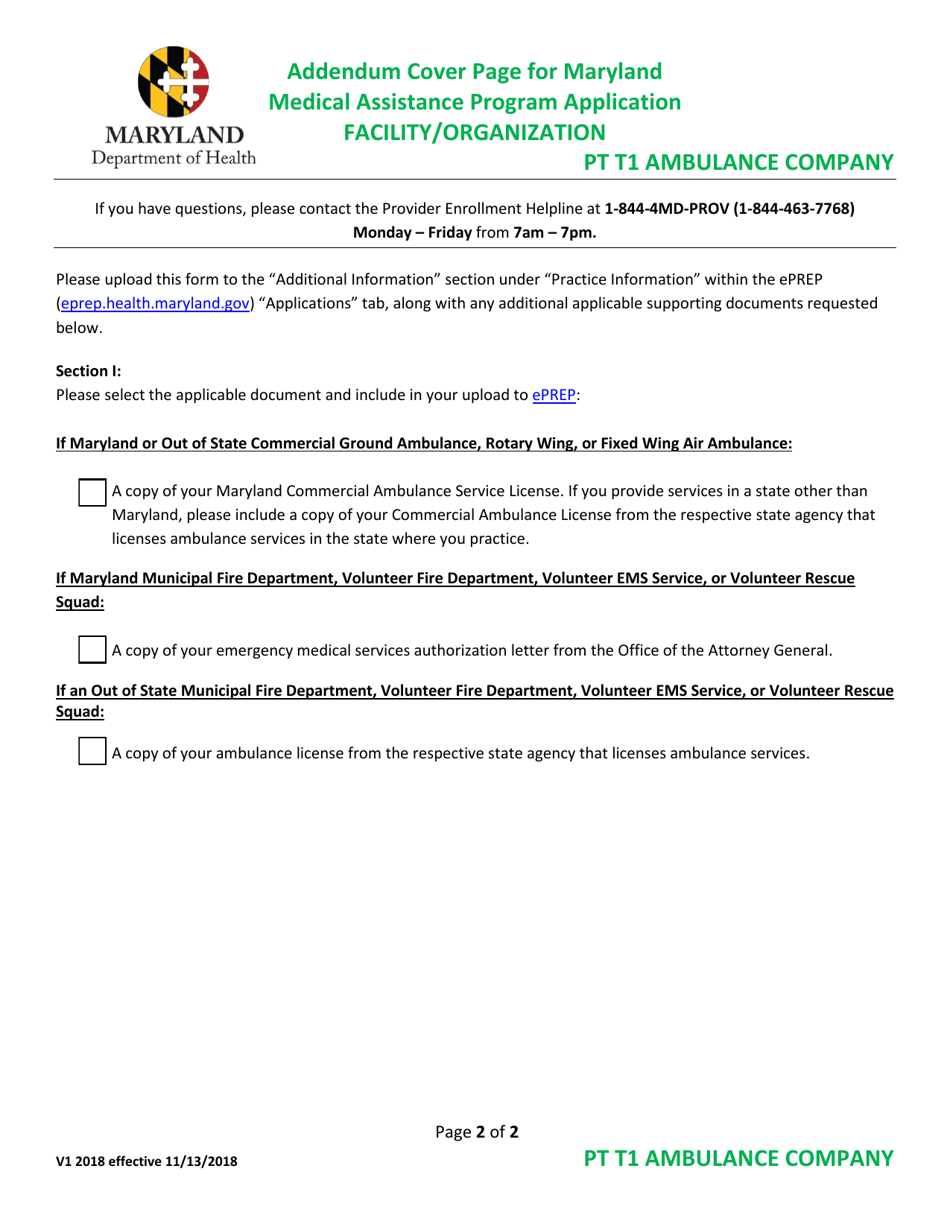 Addendum Cover Page for Maryland Medical Assistance Program Application - Facility / Organization - Pt T1 Ambulance Company - Maryland, Page 2